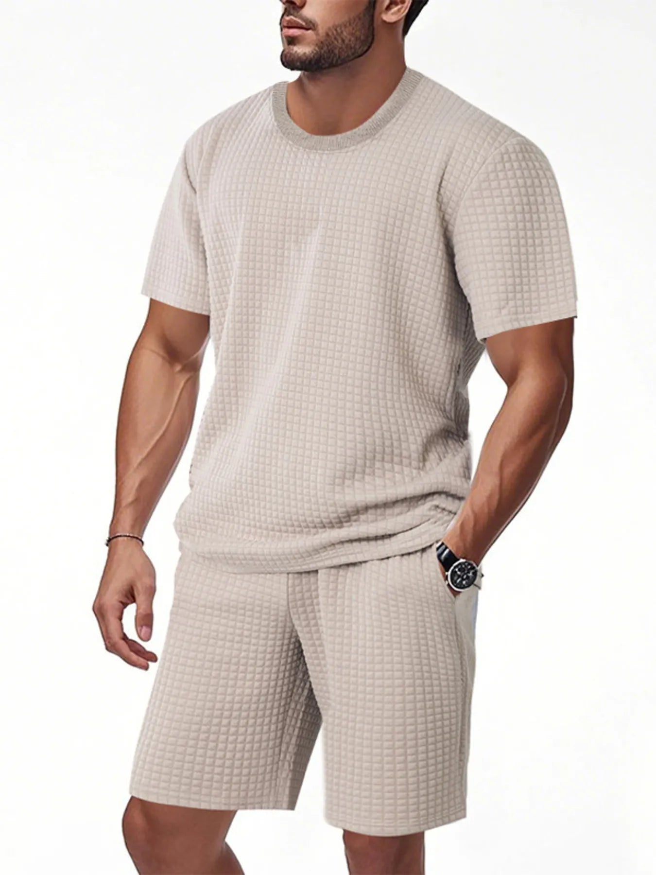 
                  
                    Men's Full Size Textured Round Neck Top and Shorts Set Plus SIze.
                  
                